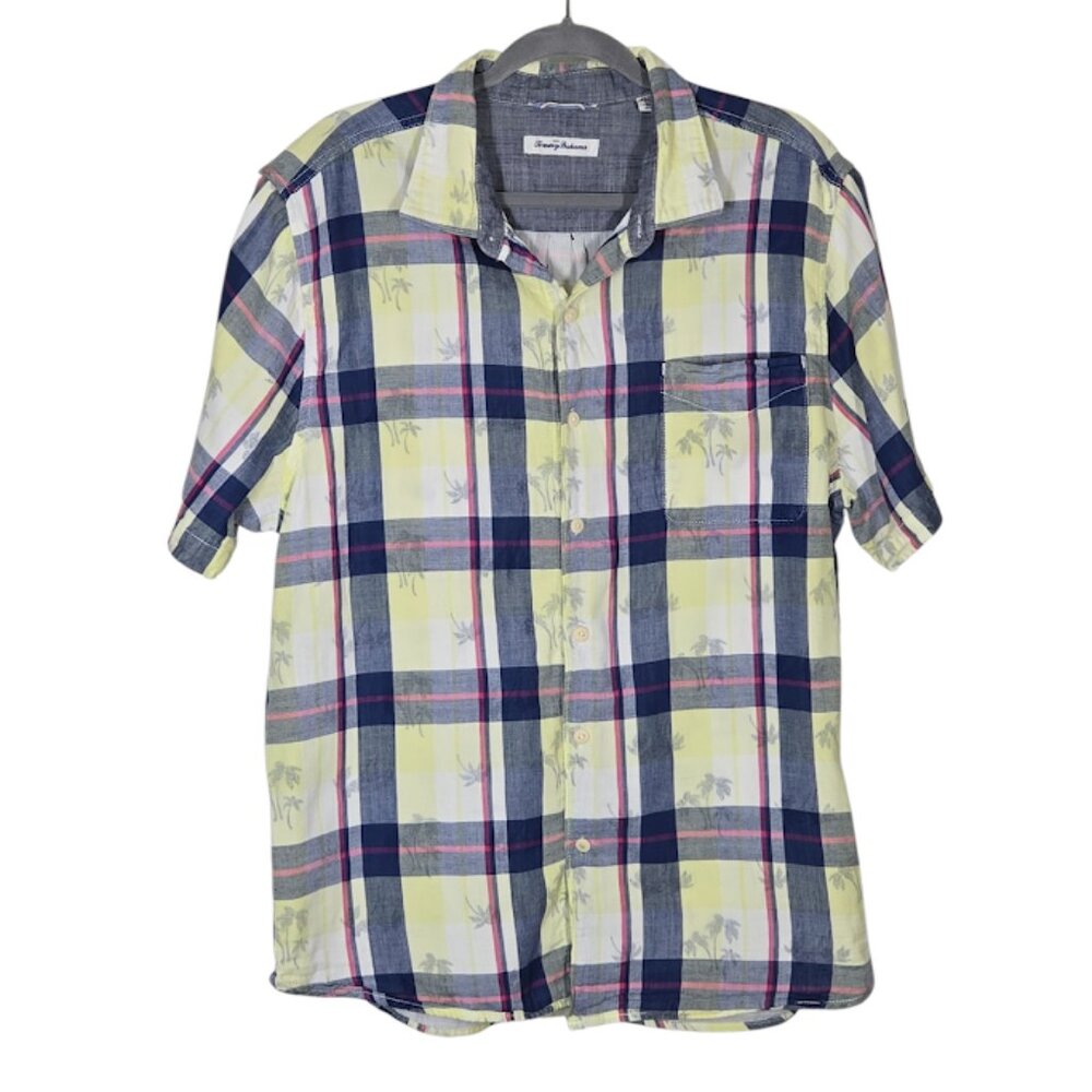 TOMMY BAHAMA Men’s Plaid Button-Up Cotton Shirt Yellow Blue Check Casual Size XL